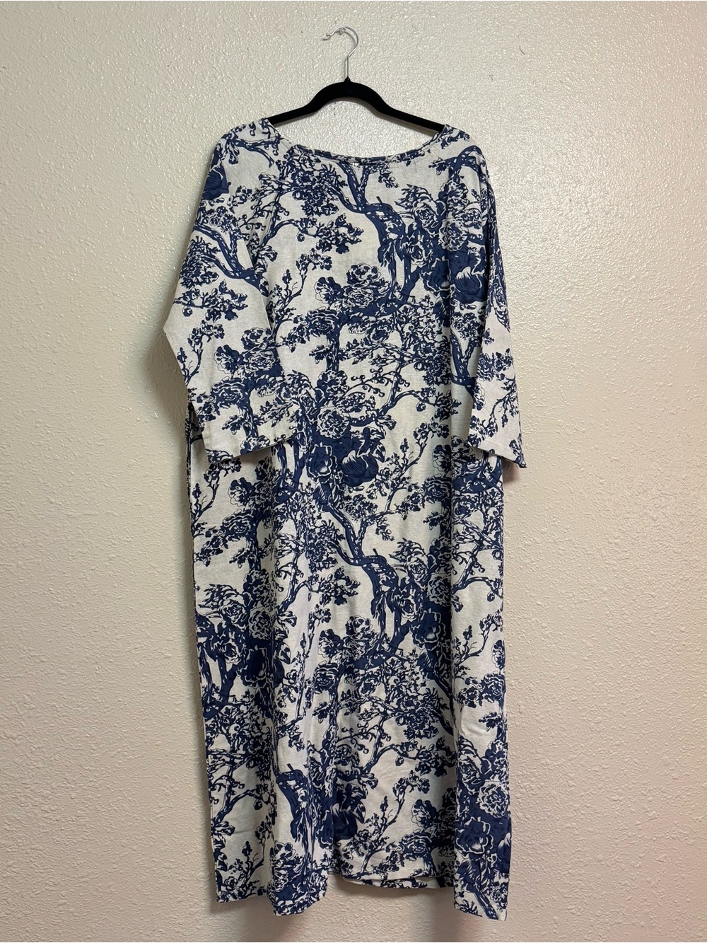 Mordenmiss Blue Floral Cotton Linen Midi Dress NWT